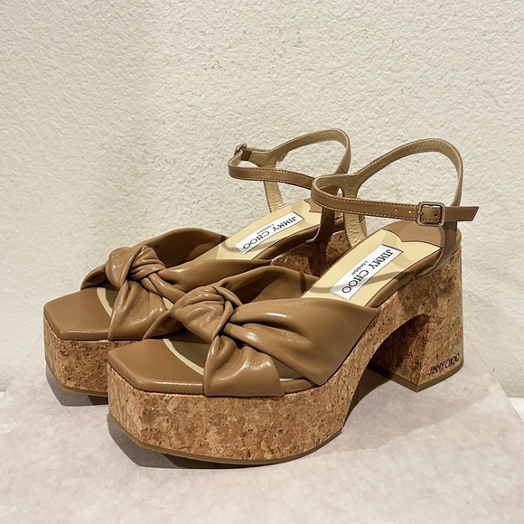 Jimmy Choo Heloise 95 leather platform sandals in Biscuit, Size 38.5, New in Box - Picture 1 of 8